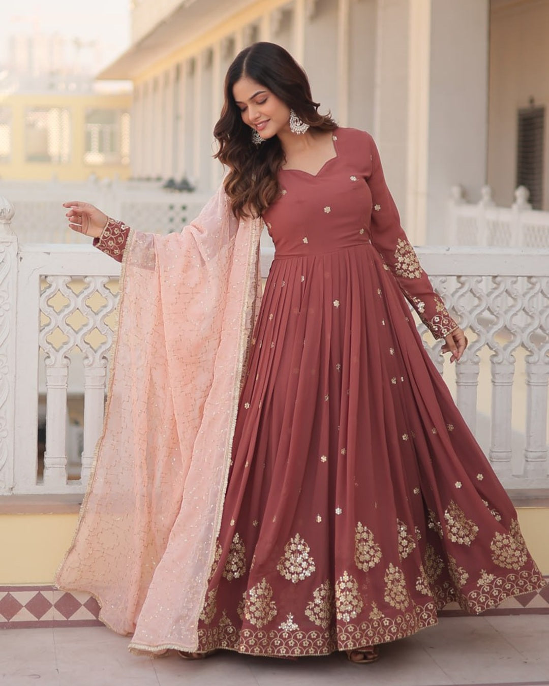 Chocolate Color Full Floor Length Anarkali Gown With Sequence Embroidery Dupatta