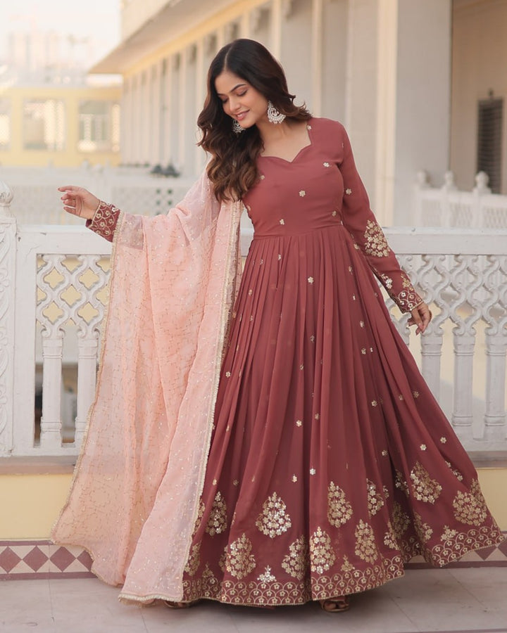 Chocolate Color Full Floor Length Anarkali Gown With Sequence Embroidery Dupatta