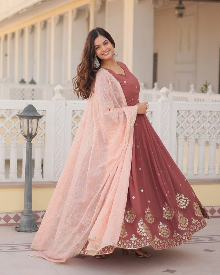 Chocolate Color Full Floor Length Anarkali Gown With Sequence Embroidery Dupatta