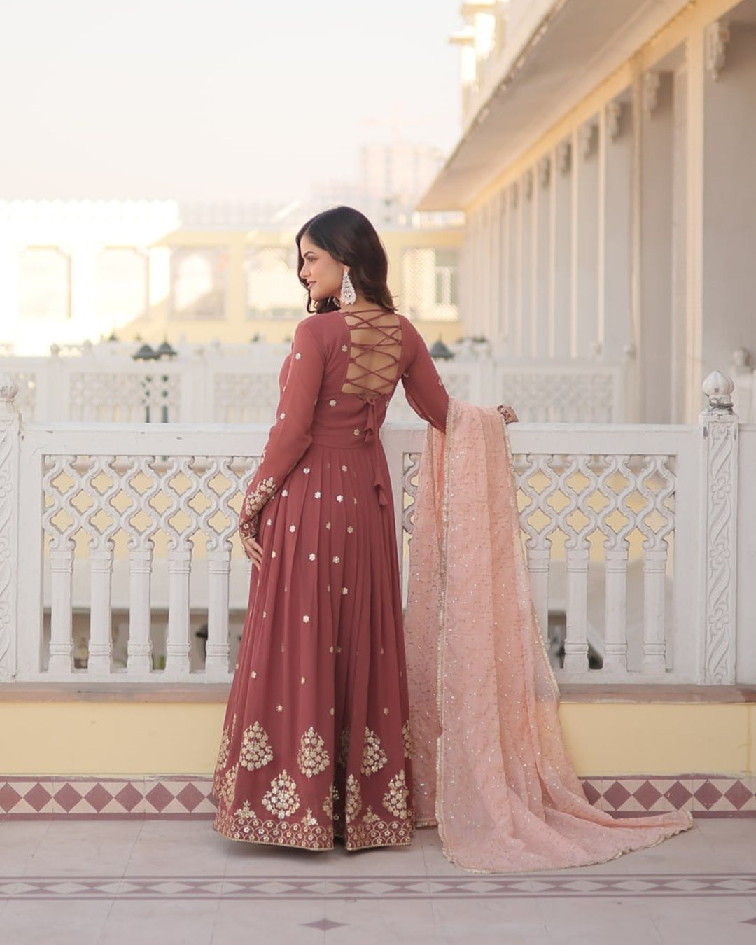 Chocolate Color Full Floor Length Anarkali Gown With Sequence Embroidery Dupatta