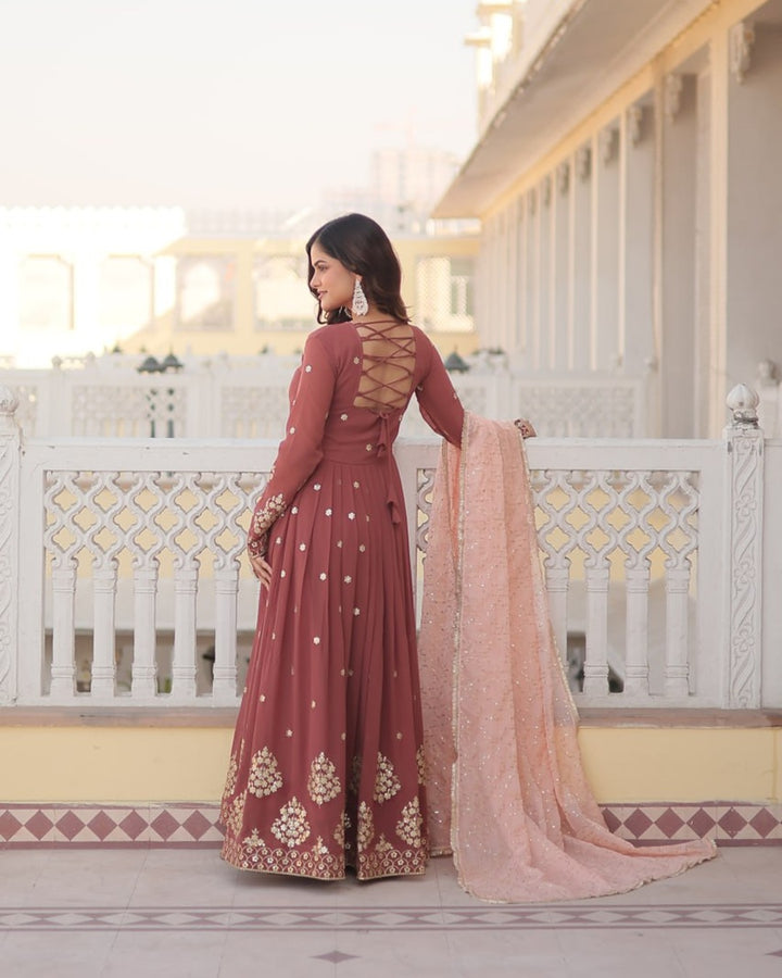 Chocolate Color Full Floor Length Anarkali Gown With Sequence Embroidery Dupatta