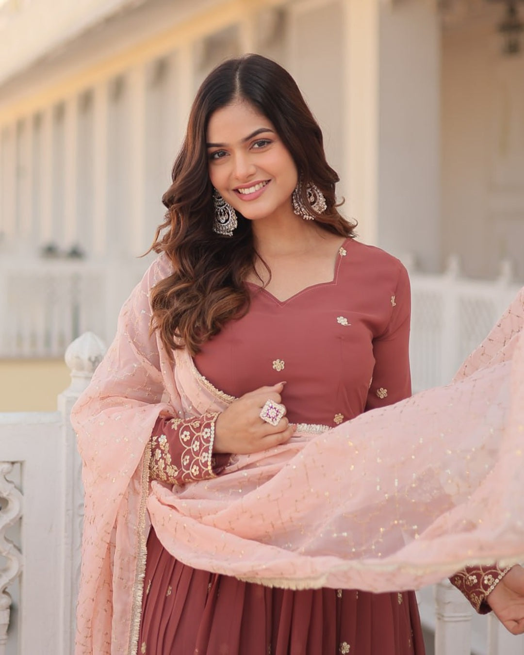 Chocolate Color Full Floor Length Anarkali Gown With Sequence Embroidery Dupatta