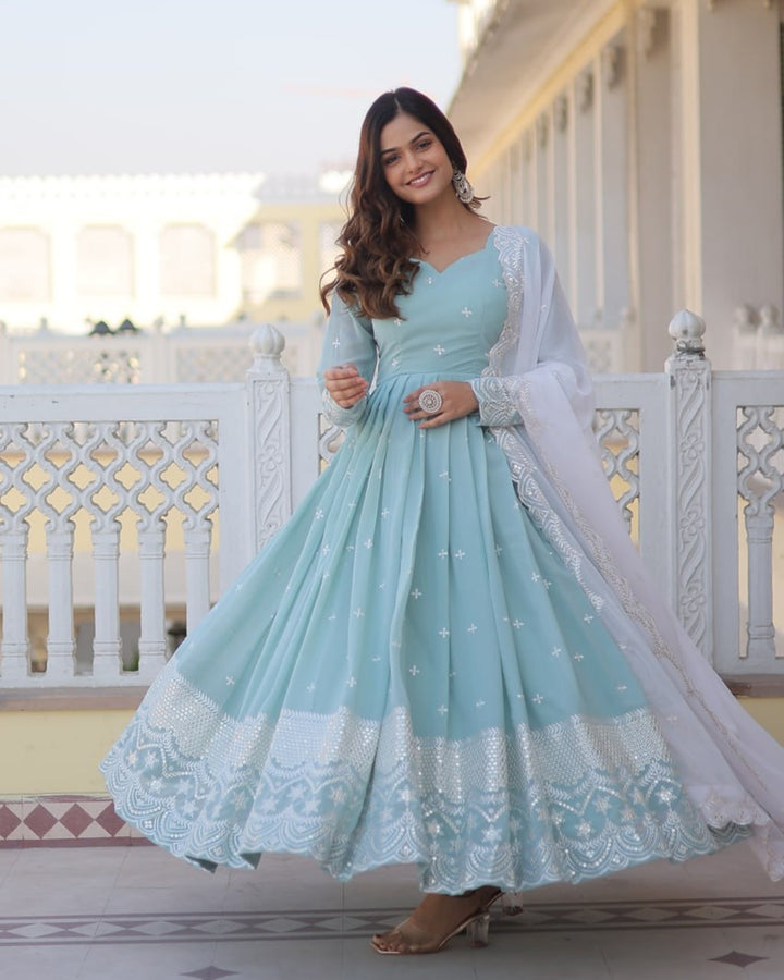 Exclusive Sky Color Georgette Gown With Dupatta