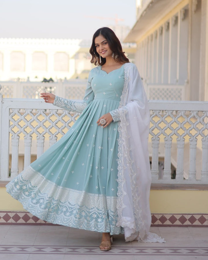 Exclusive Sky Color Georgette Gown With Dupatta