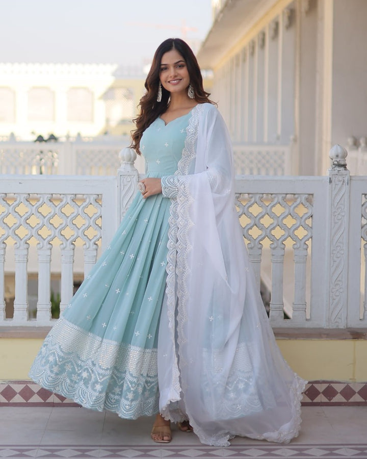 Exclusive Sky Color Georgette Gown With Dupatta