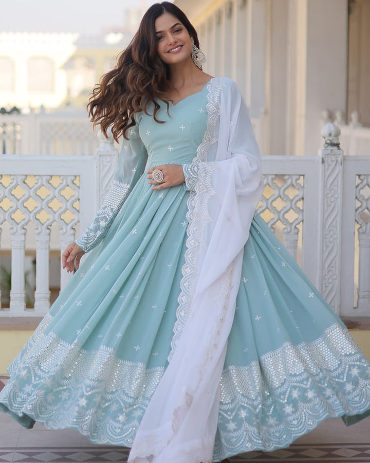 Exclusive Sky Color Georgette Gown With Dupatta
