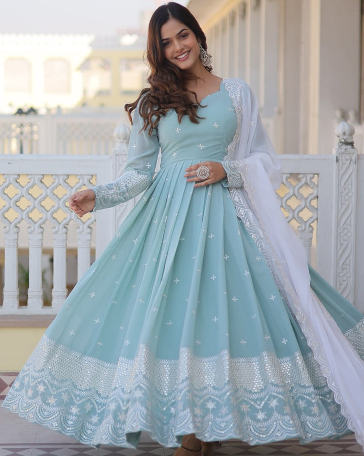 Exclusive Sky Color Georgette Gown With Dupatta