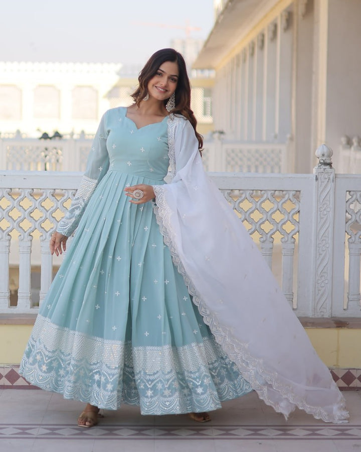 Exclusive Sky Color Georgette Gown With Dupatta