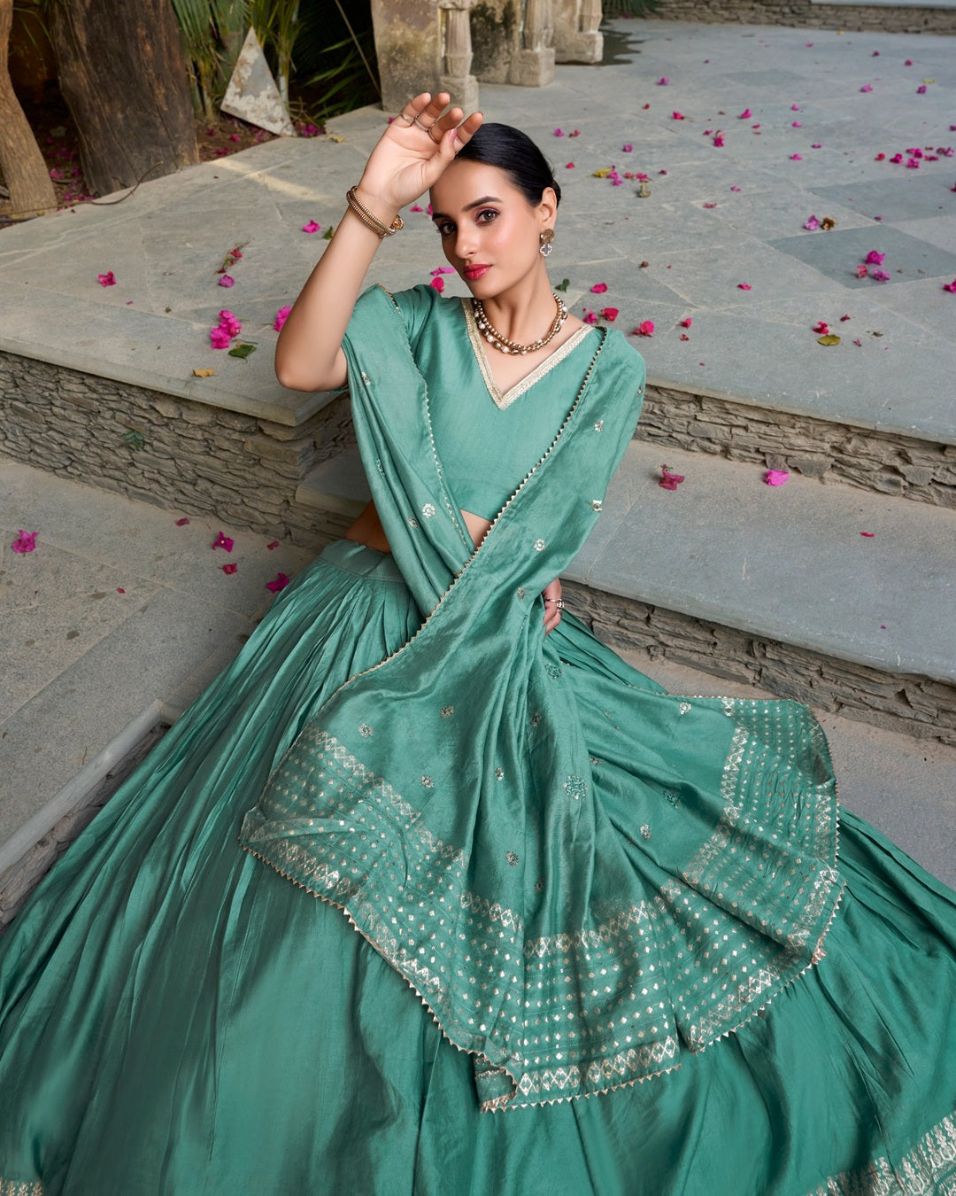 Sea Green Color Pure Chanderi Plain Navratri Lehenga Choli