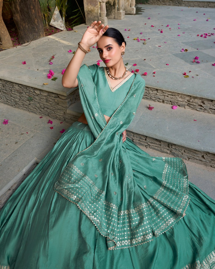 Sea Green Color Pure Chanderi Plain Navratri Lehenga Choli