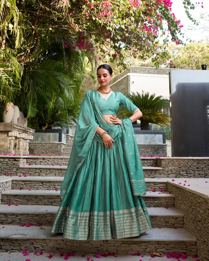 Sea Green Color Pure Chanderi Plain Navratri Lehenga Choli