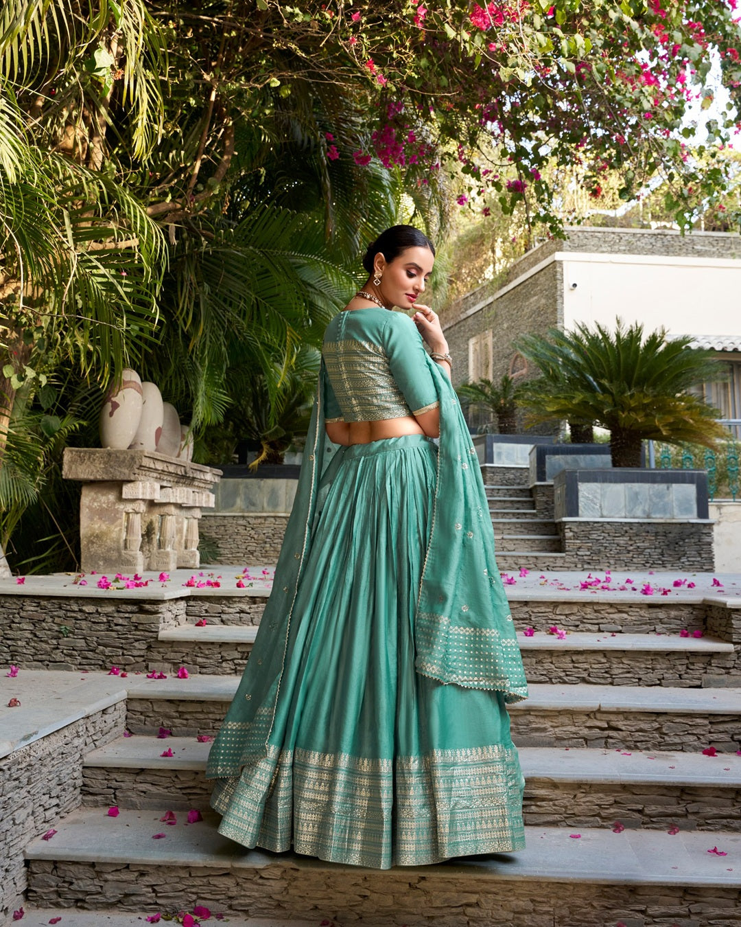 Sea Green Color Pure Chanderi Plain Navratri Lehenga Choli
