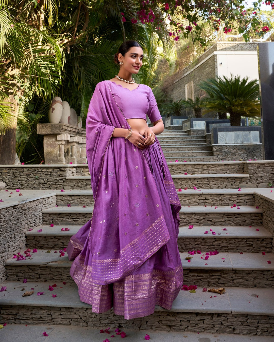 Purple Color Pure Chanderi Plain Navratri Lehenga Choli