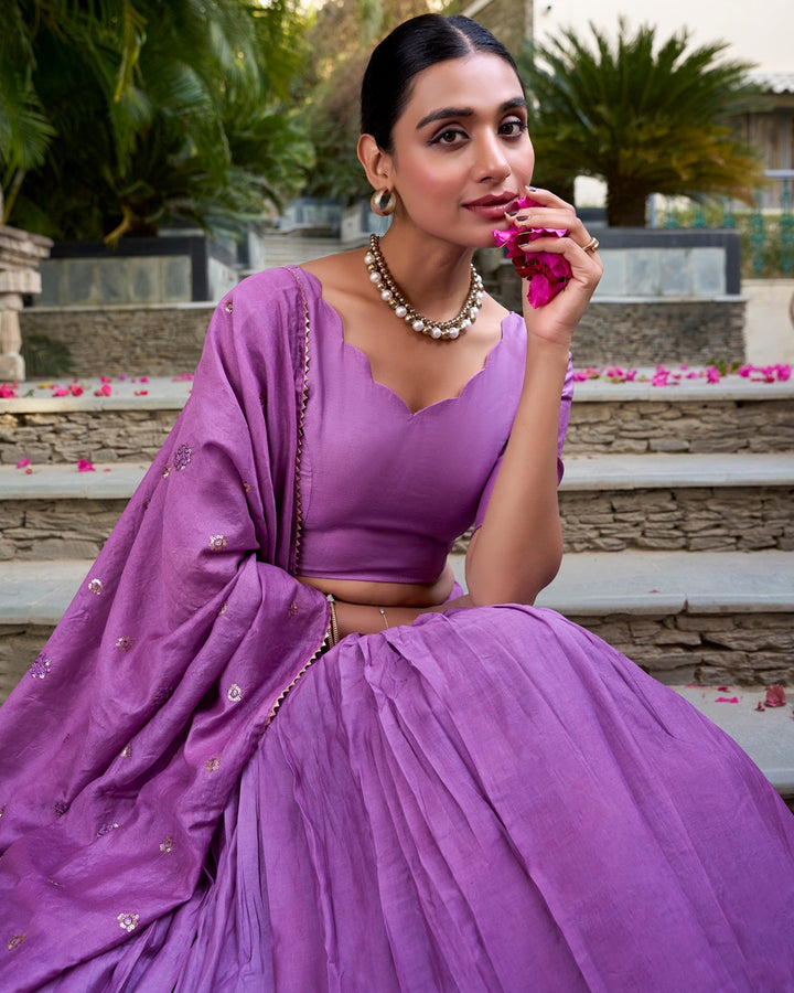 Purple Color Pure Chanderi Plain Navratri Lehenga Choli