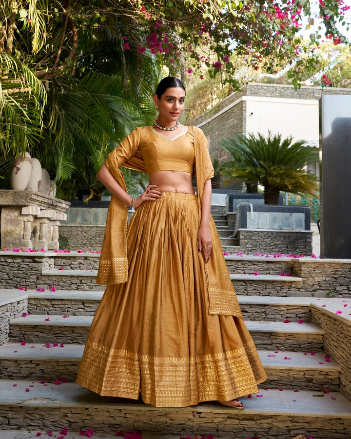 Mustard Color Pure Chanderi Plain Navratri Lehenga Choli