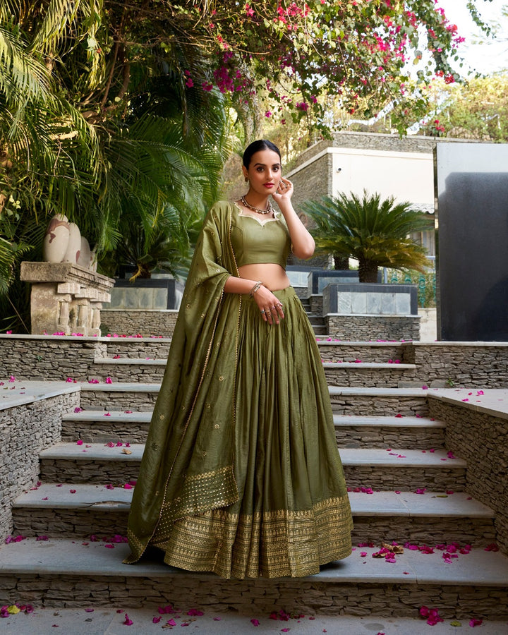 Mehndi Color Pure Chanderi Plain Navratri Lehenga Choli