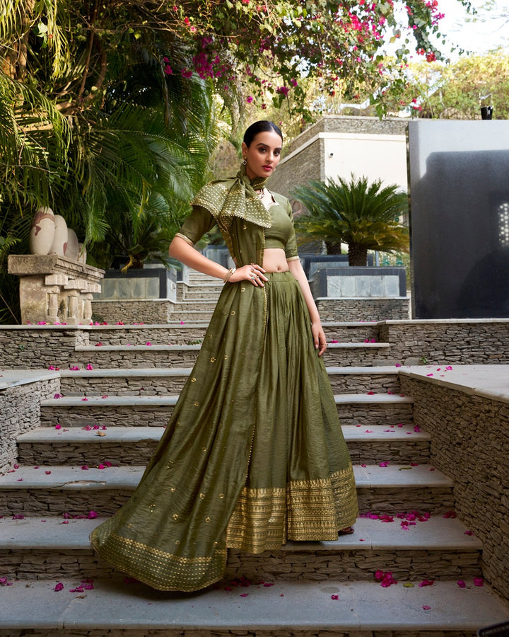 Mehndi Color Pure Chanderi Plain Navratri Lehenga Choli