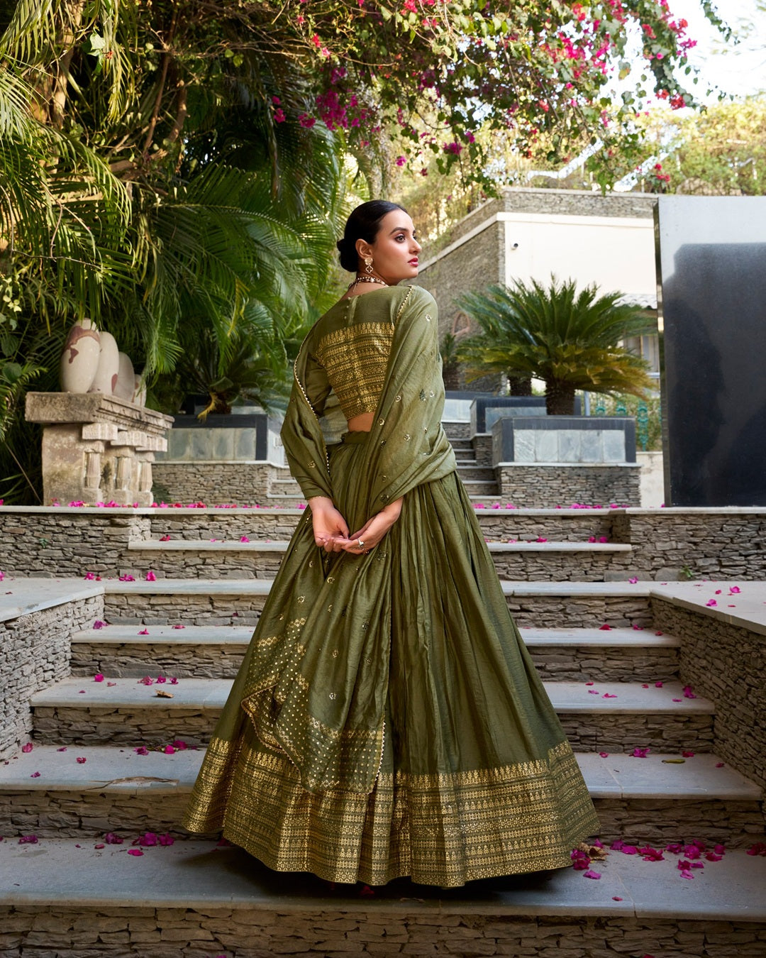 Mehndi Color Pure Chanderi Plain Navratri Lehenga Choli