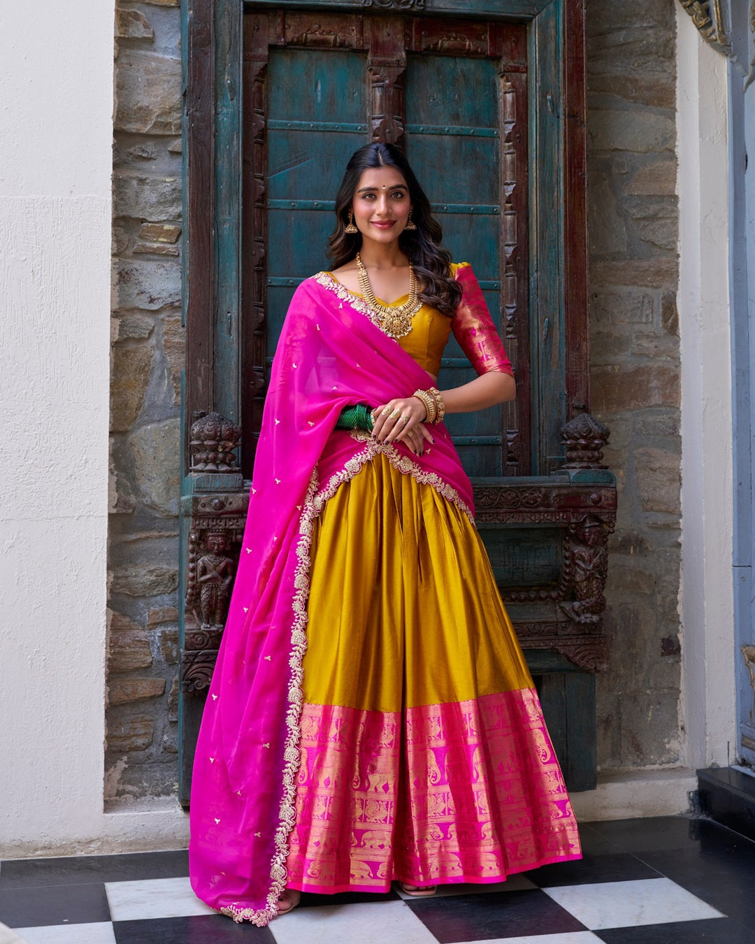 Mustard Color Narayan Pattu Silk Designer Lehenga Choli