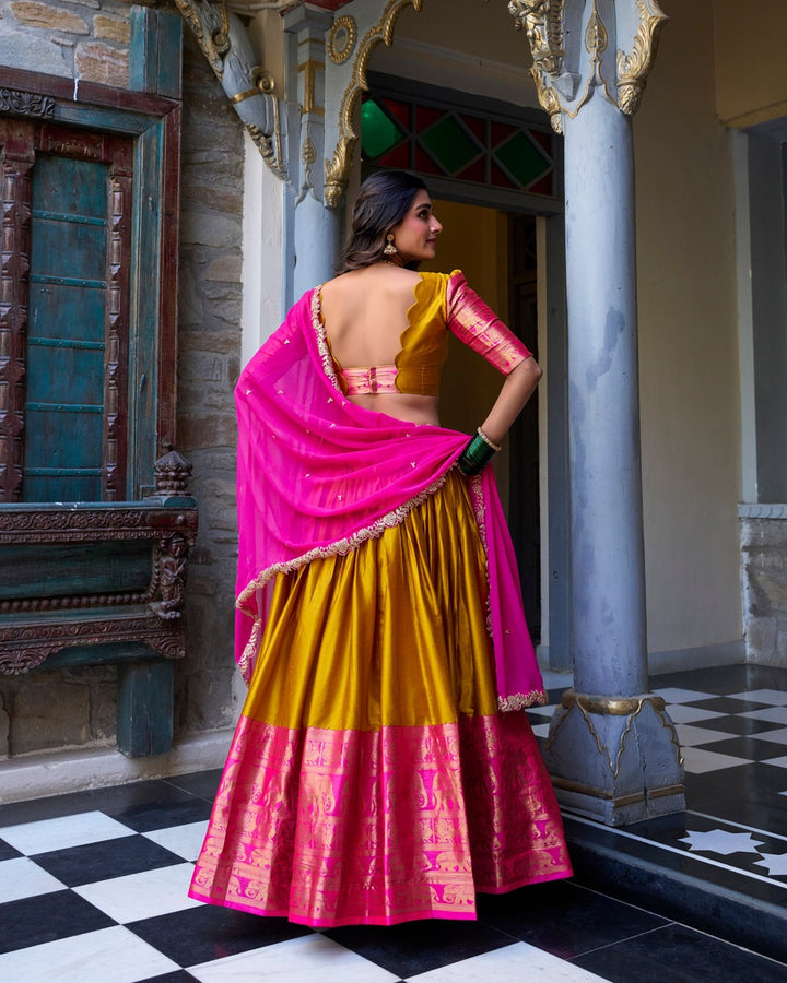 Mustard Color Narayan Pattu Silk Designer Lehenga Choli