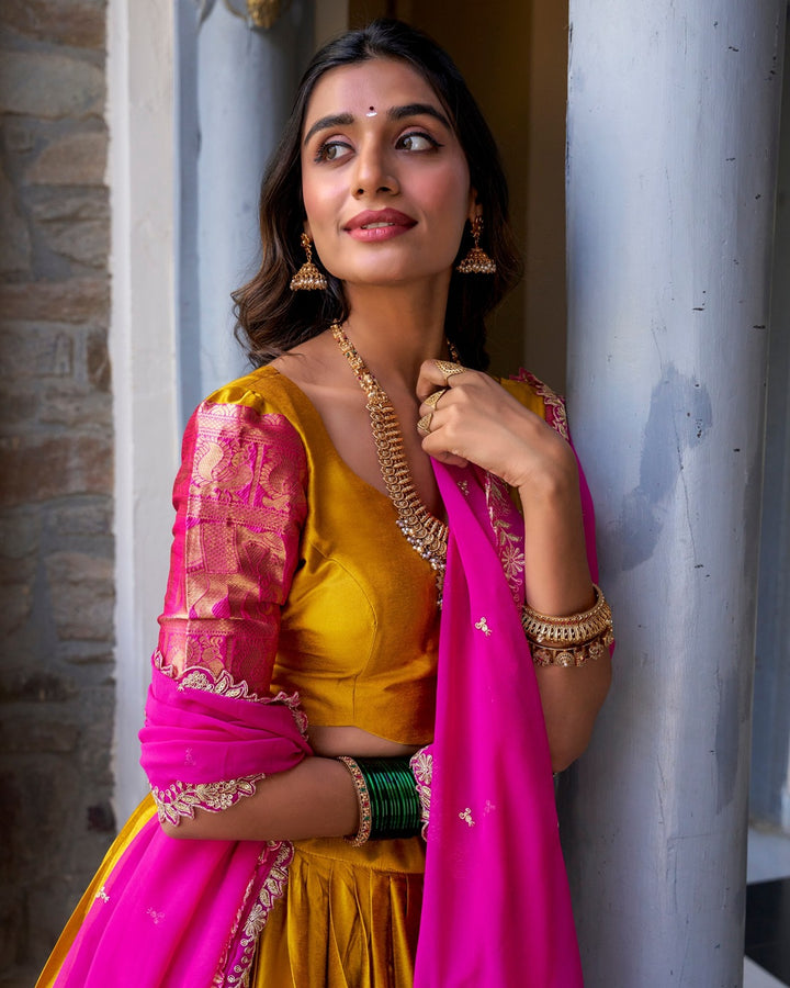 Mustard Color Narayan Pattu Silk Designer Lehenga Choli
