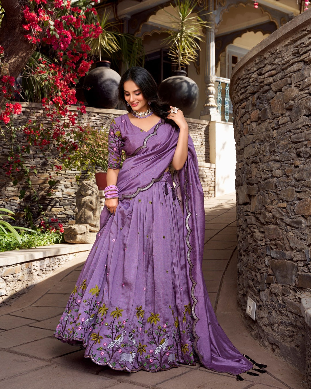 Lavender Color Vichitra Silk Thread Embroidered Lehenga Choli