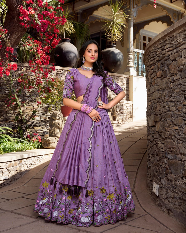 Lavender Color Vichitra Silk Thread Embroidered Lehenga Choli