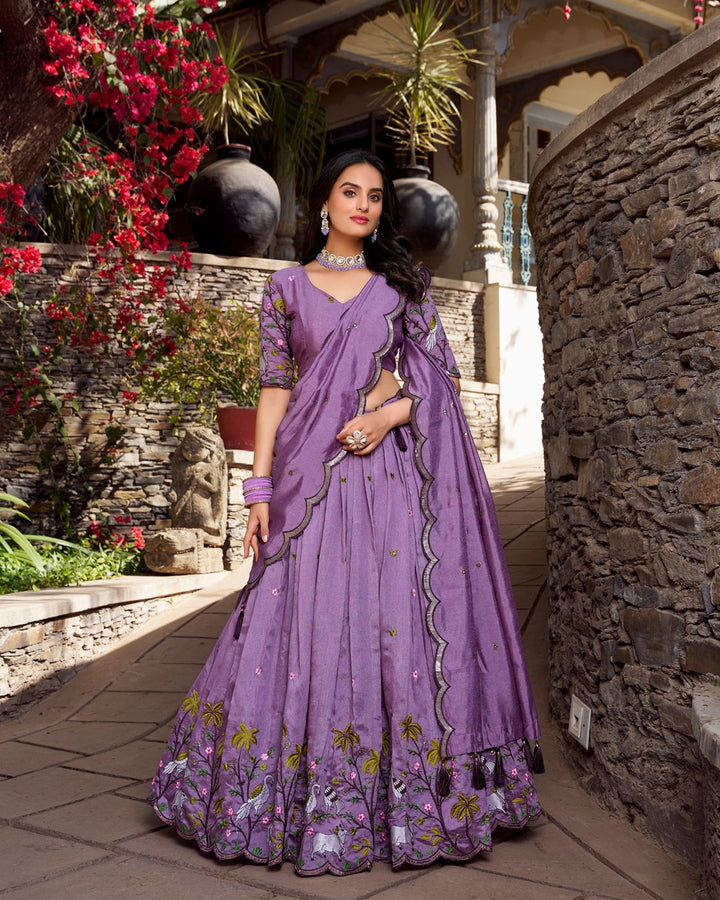 Lavender Color Vichitra Silk Thread Embroidered Lehenga Choli