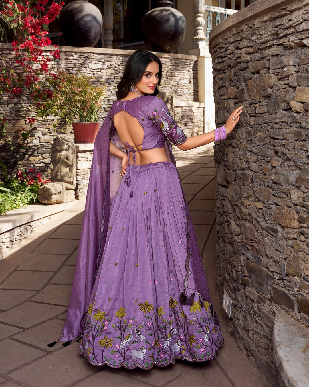 Lavender Color Vichitra Silk Thread Embroidered Lehenga Choli
