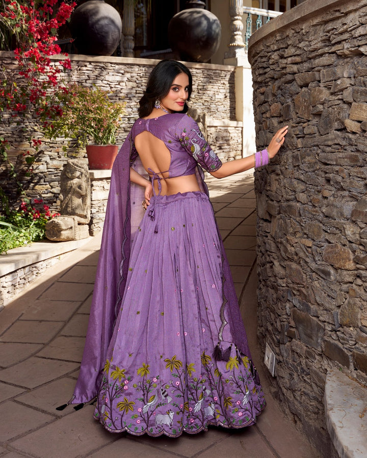 Lavender Color Vichitra Silk Thread Embroidered Lehenga Choli