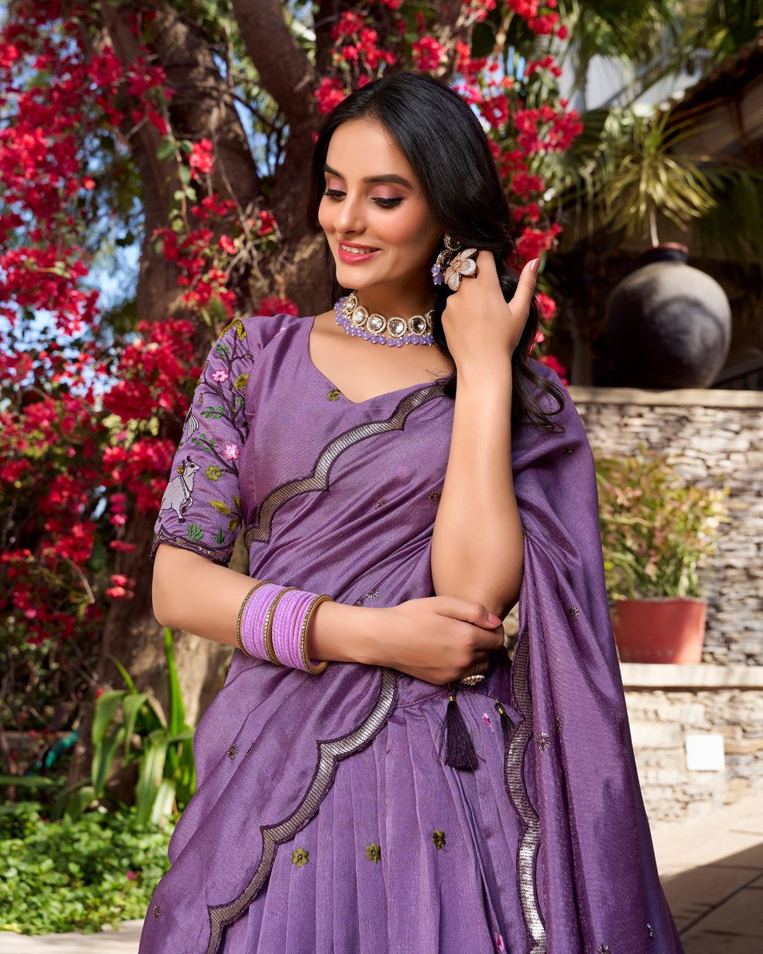 Lavender Color Vichitra Silk Thread Embroidered Lehenga Choli