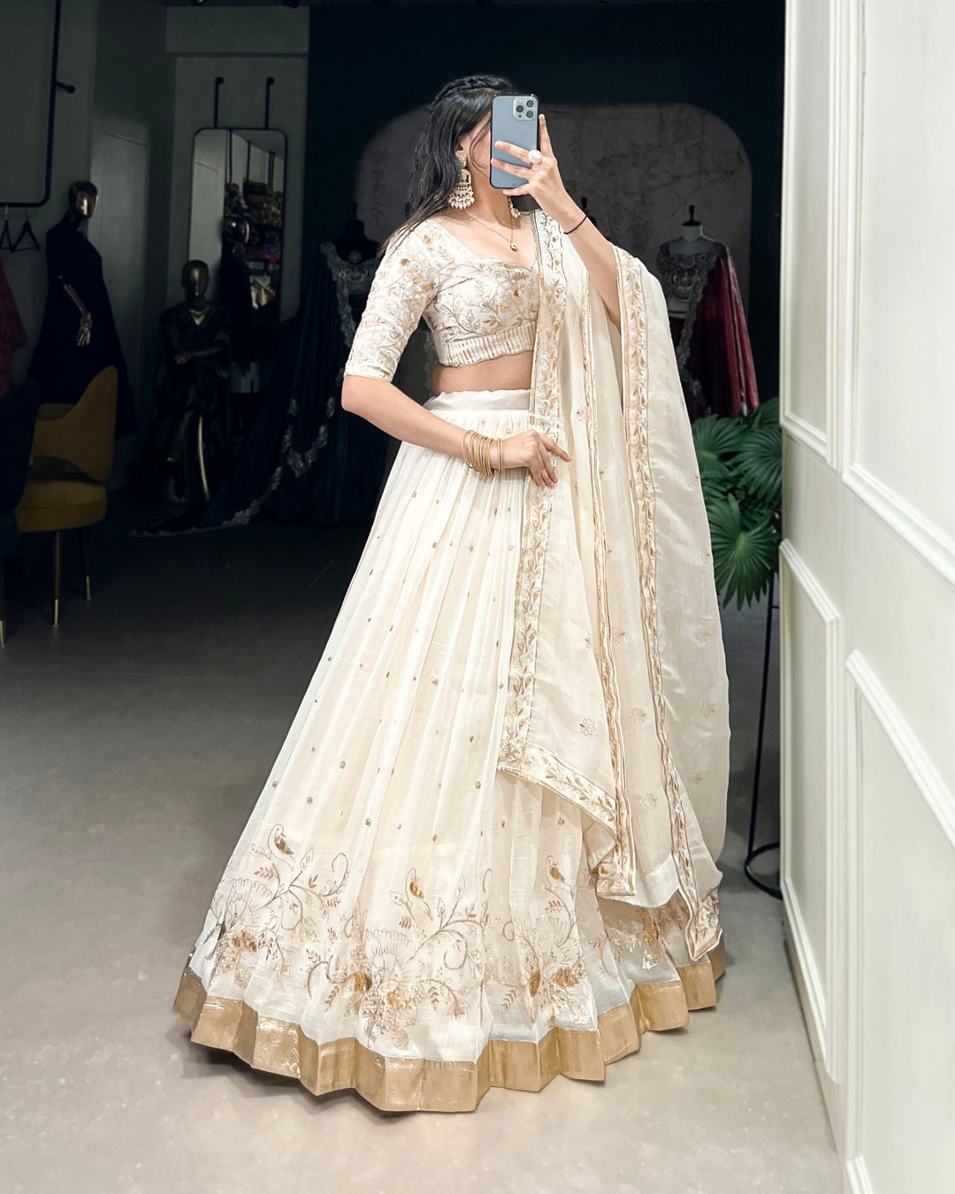 Off-White Color Silver Glossy Lehenga Choli