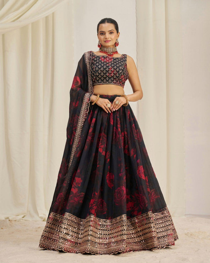 Black And Red Color Floral Print Soft Organza Lehenga Choli