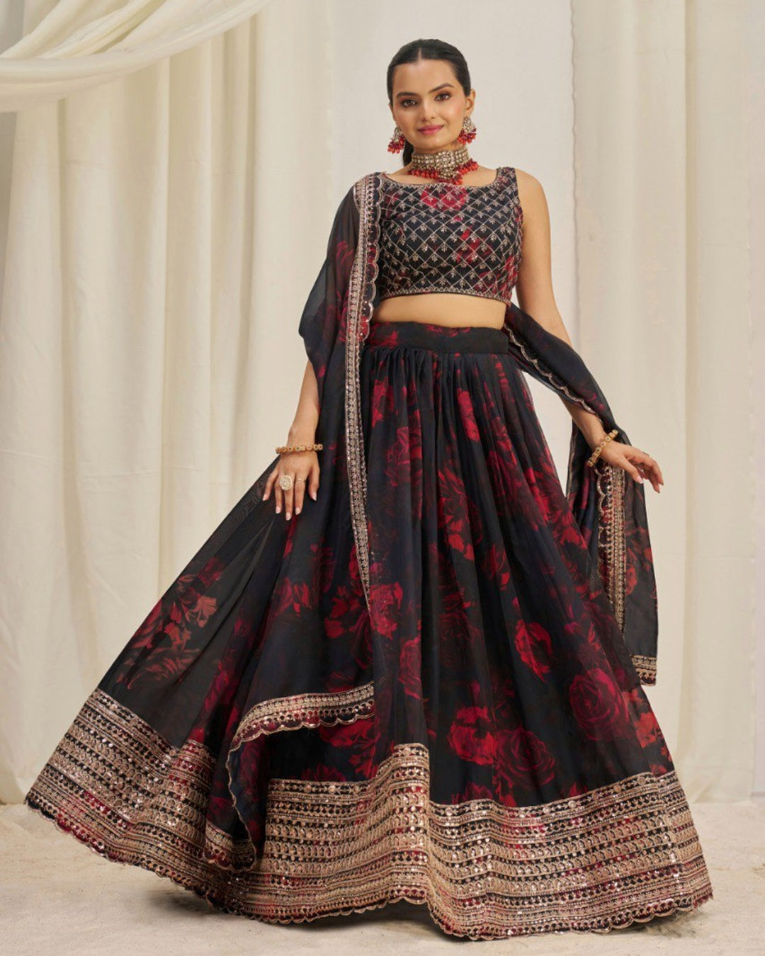 Black And Red Color Floral Print Soft Organza Lehenga Choli