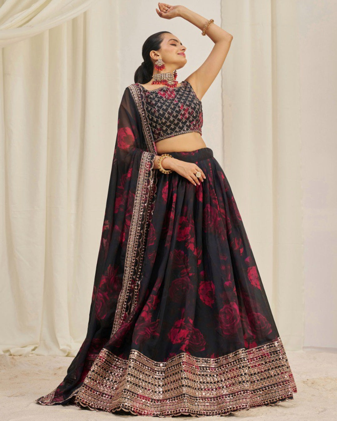 Black And Red Color Floral Print Soft Organza Lehenga Choli