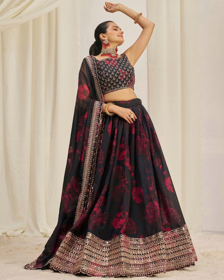 Black And Red Color Floral Print Soft Organza Lehenga Choli