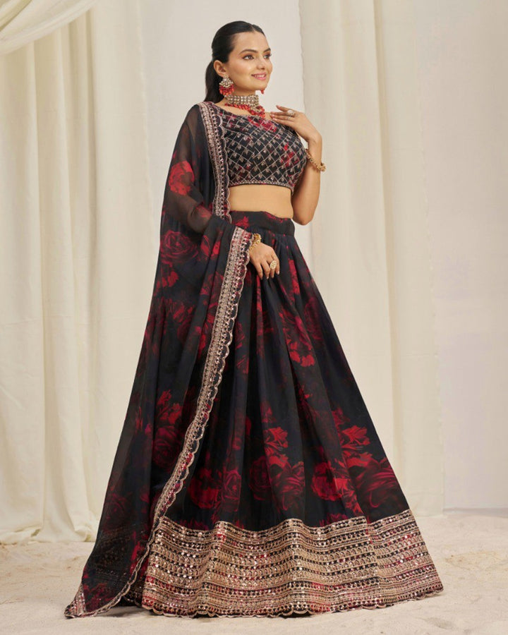 Black And Red Color Floral Print Soft Organza Lehenga Choli