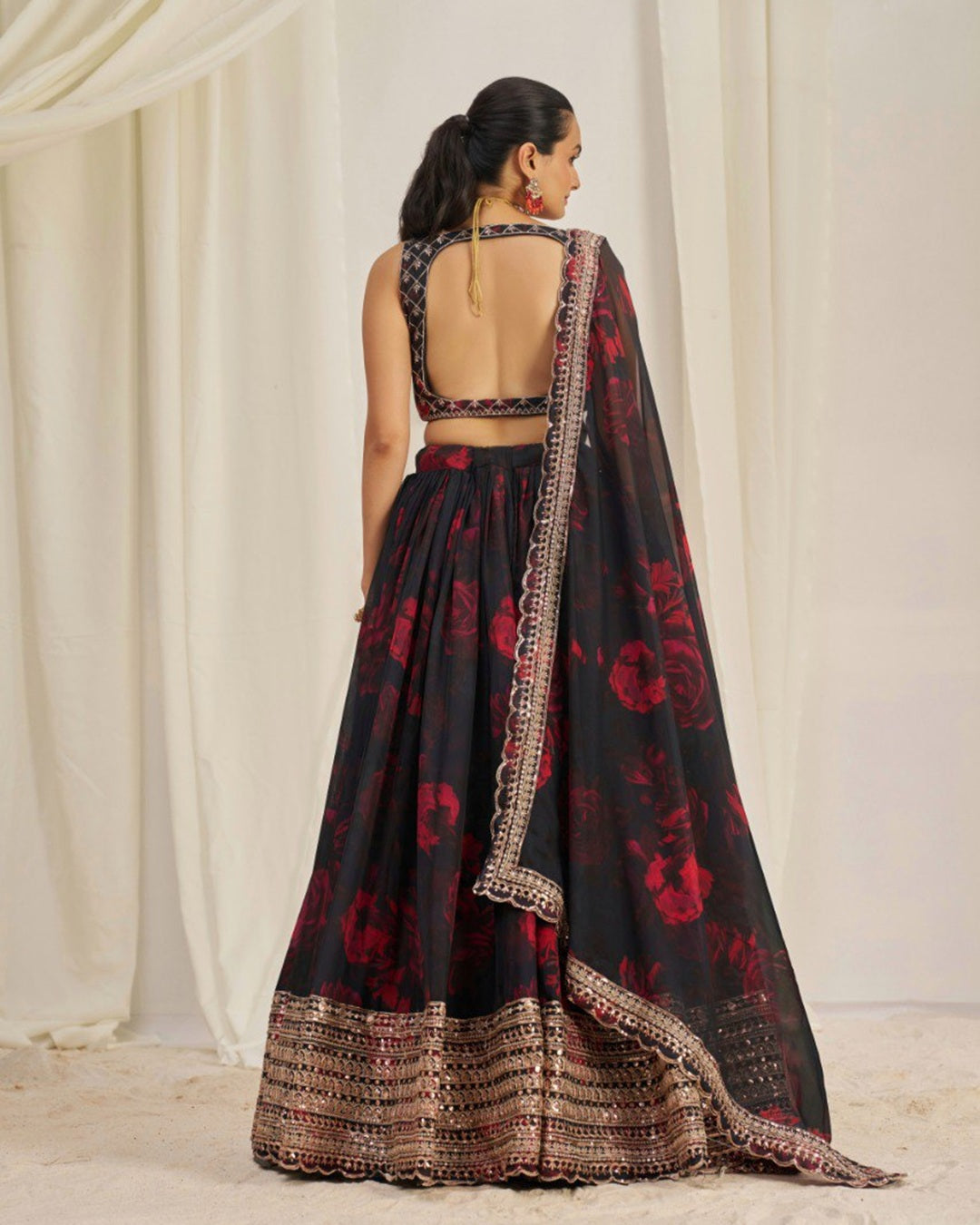 Black And Red Color Floral Print Soft Organza Lehenga Choli
