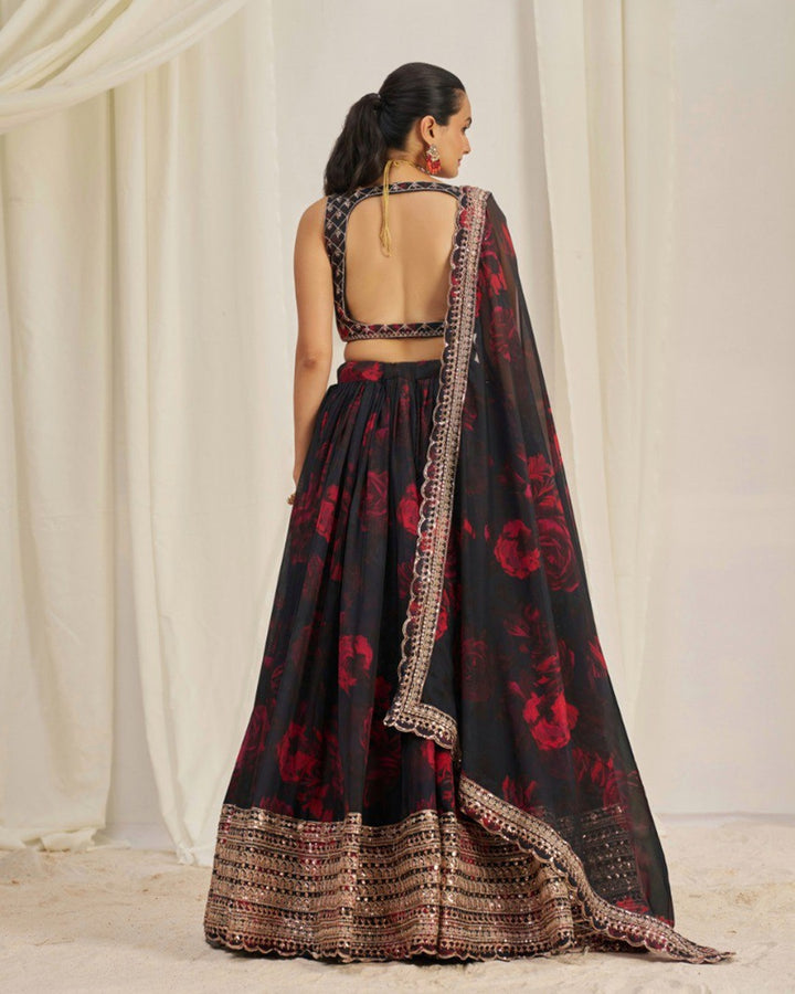 Black And Red Color Floral Print Soft Organza Lehenga Choli