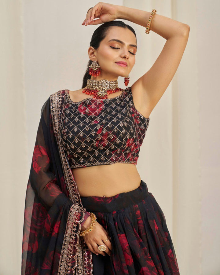 Black And Red Color Floral Print Soft Organza Lehenga Choli
