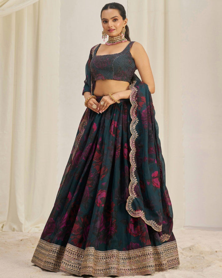 Rama And Pink Color Floral Print Soft Organza Lehenga Choli