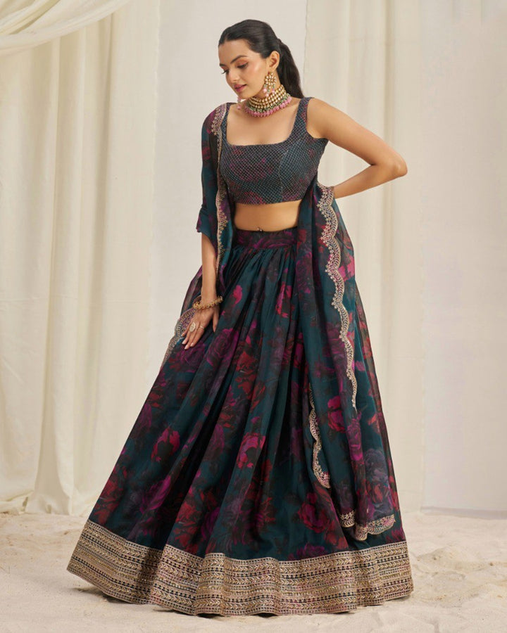 Rama And Pink Color Floral Print Soft Organza Lehenga Choli