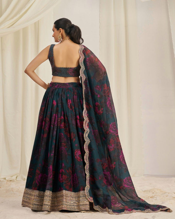 Rama And Pink Color Floral Print Soft Organza Lehenga Choli