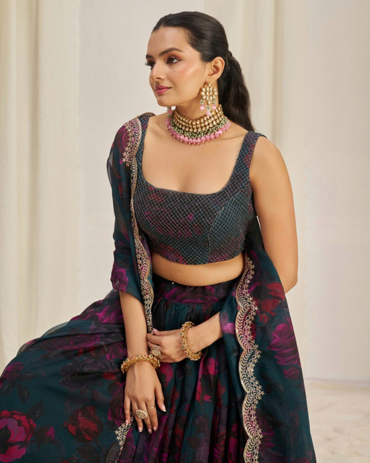 Rama And Pink Color Floral Print Soft Organza Lehenga Choli