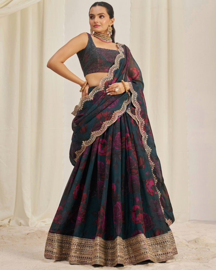 Rama And Pink Color Floral Print Soft Organza Lehenga Choli