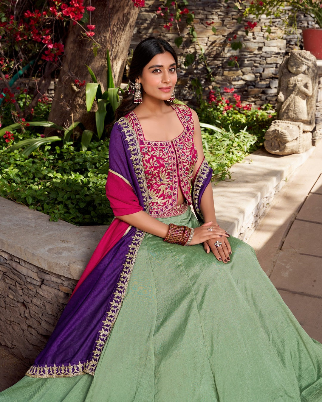 Sea Green Color Vichitra Silk Thread Embroidered Lehenga Choli