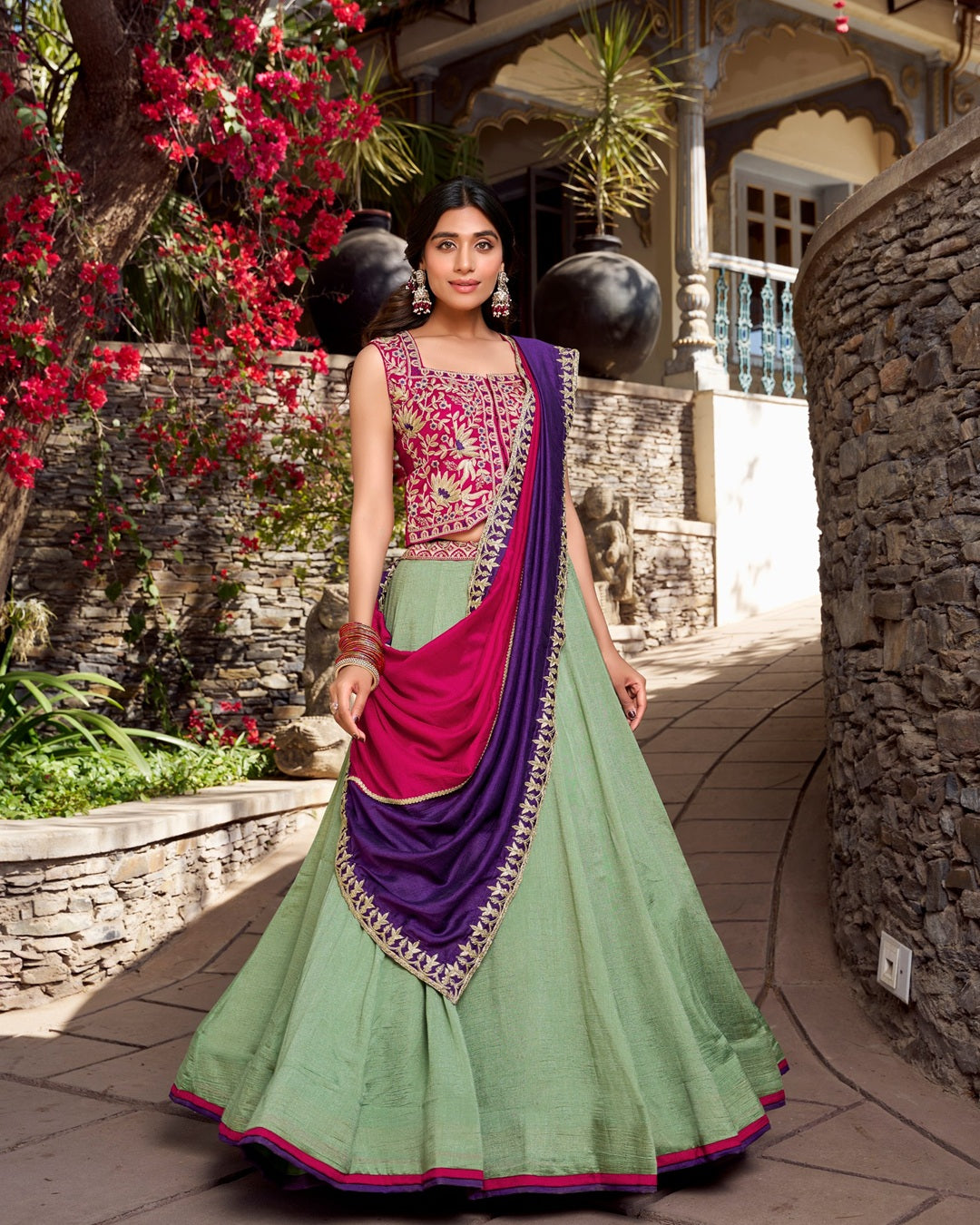 Sea Green Color Vichitra Silk Thread Embroidered Lehenga Choli
