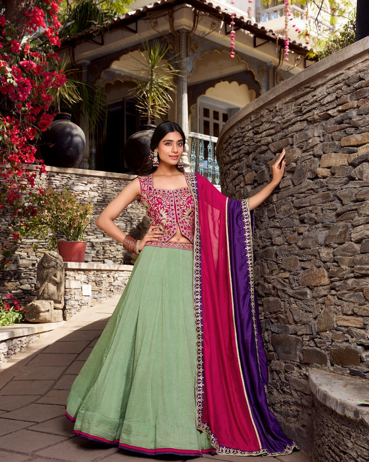 Sea Green Color Vichitra Silk Thread Embroidered Lehenga Choli