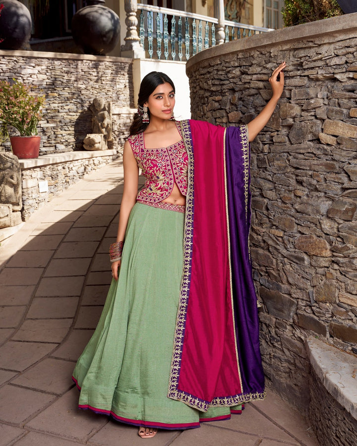 Sea Green Color Vichitra Silk Thread Embroidered Lehenga Choli