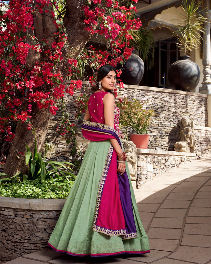 Sea Green Color Vichitra Silk Thread Embroidered Lehenga Choli